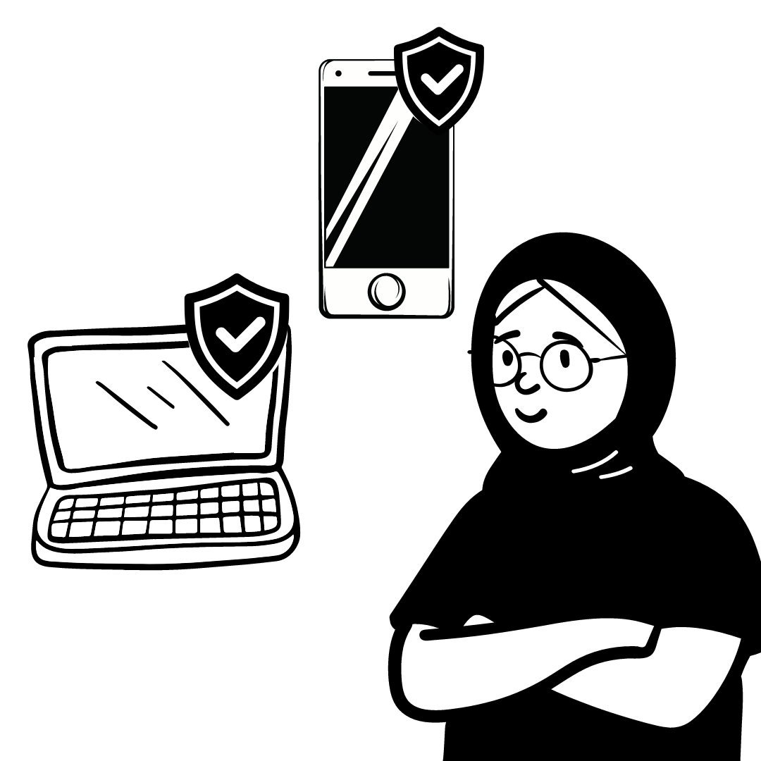 Venni ja digilaitteita, joiden päällä digiturvallisuutta kuvaava kilpitunnus.